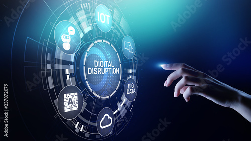 Digital Disruption. Disruptive business ideas. IOT internet of things, network, smart city and machines, big data, cloud, analytics, web-scale IT, Artificial intelligence, AI. photo