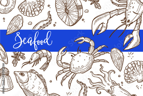 Seafood restaurant sketch poster for menu or tablemat template.