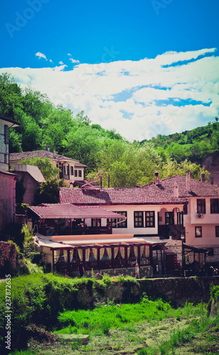 Europe, Bulgaria, Melnik city. Small vinery village in traditional style..Bulgarian Balkans mountain landscape, sandstones countryside.