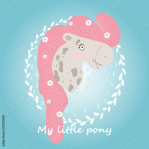 Cute funny pony. Suitable for printing on children's clothes. Hand-drawn.