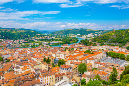 Aerial view of Vienne including Gallo-Roman museum and ruin of a medieval castle, France photo