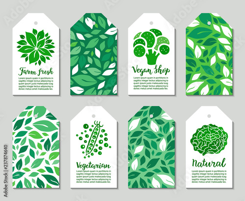 Vegetable tags with broccoli, peas, cabbage, salad leaves. Farm fresh, vegan shop, vegetarian, natural lettering inscription. Weight loss low calorie ecology concept. Vector label set