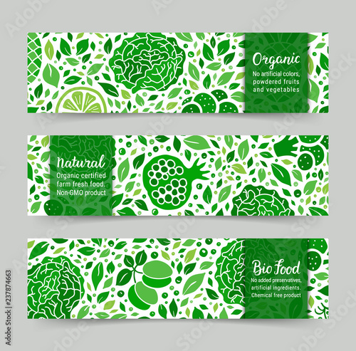 Ecology green fruit, vegetable banner set. Cabbage, pomegranate, plum, leaf, peas pattern. Organic, Natural, Bio food lettering text. Weight loss low calorie product background. EPS 10 vector backdrop
