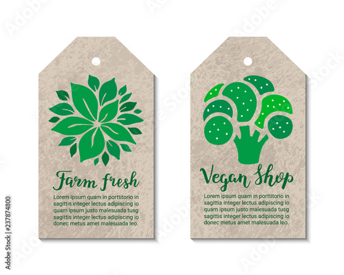 Vegetable tags with broccoli, salad leaves. Farm fresh, vegan shop handdrawn lettering inscription. Vegetarian, natural, weight loss, low calorie, healthy food ecology concept. Vector label templates
