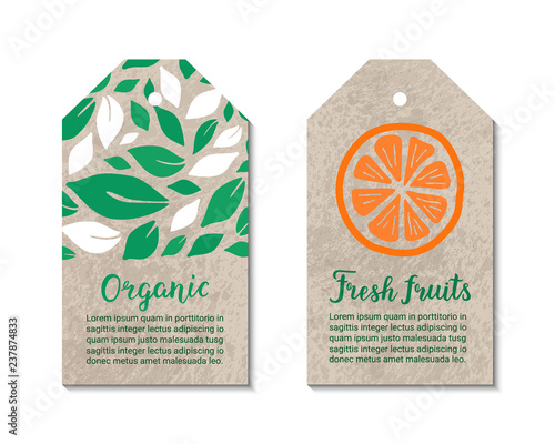 Tags with leaves and orange. Fresh fruits, organic lettering text inscription. Bio, eco, natural, weight loss, low calorie food, ecology concept. Crafting paper background. Vector eps 10 label set