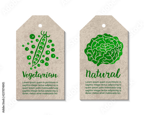 Vegetable tags with peas, cabbage. Vegetarian, natural hand-drawn lettering inscription. Healthy food, ecology, weight loss, low calorie graphic concept. Craft paper background. Vector label set