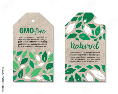 Vegetable tags with salad leaves. GMO free, natural lettering inscription. Kraft paper background. Healthy food, vegetarian, weight loss, low calorie ecology illustration. Eps 10 vector label set.
