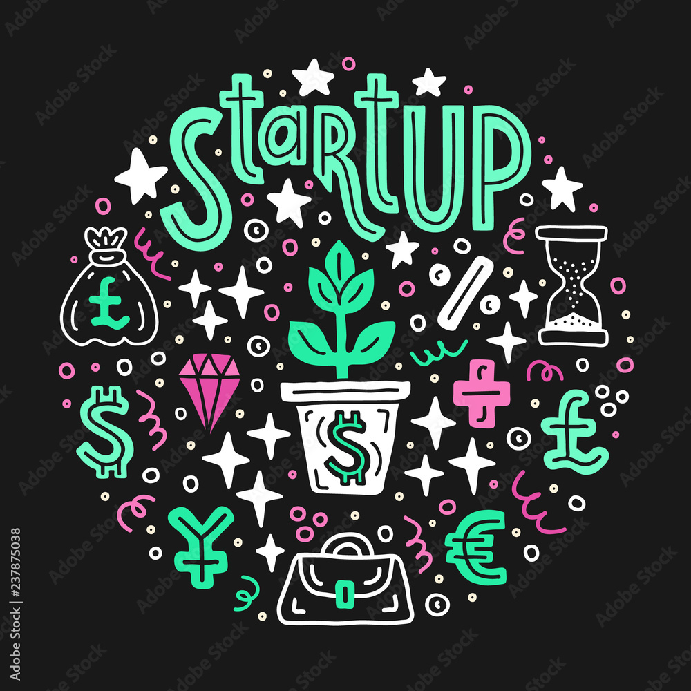 Start up investing. Business project investment handdrawn doodle circle background. EPS 10 vector illustration. Lettering text inscription. Capital expenditure finance economics concept.