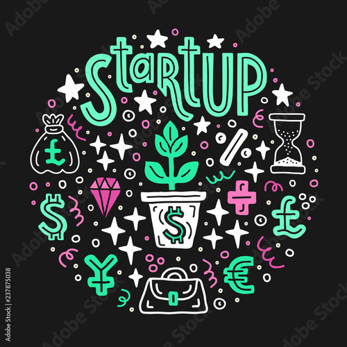 Start up investing. Business project investment handdrawn doodle circle background. EPS 10 vector illustration. Lettering text inscription. Capital expenditure finance economics concept.
