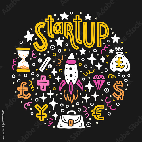 Start-up investing. Business project investment handdrawn doodle circle background. EPS 10 vector illustration. Lettering text inscription. Capital expenditure finance economics concept.