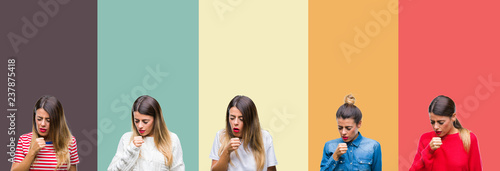 Collage of young beautiful woman over colorful vintage isolated background feeling unwell and coughing as symptom for cold or bronchitis. Healthcare concept.