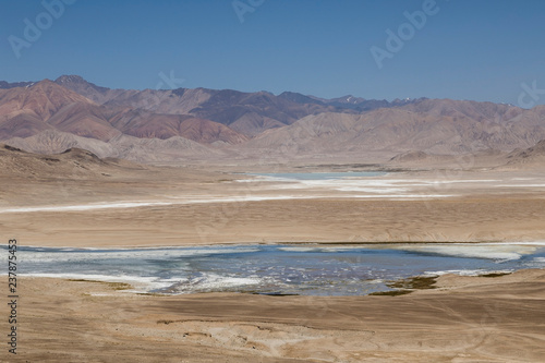 Landscape with salt lakes in the Pamir mountains near Alichur in Tajikistan
