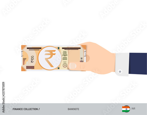 200 Indian Rupee Banknote. Hand gives money. Flat style vector illustration. Salary payout or corruption concept.