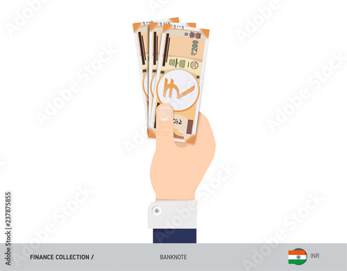 200 Indian Rupee Banknote. Hand gives money. Flat style vector illustration. Salary payout or corruption concept.