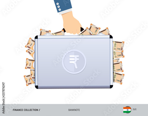 Hand holds a metal case with 200 Indian Rupee Banknotes. Flat style vector illustration. Salary payout or corruption concept.