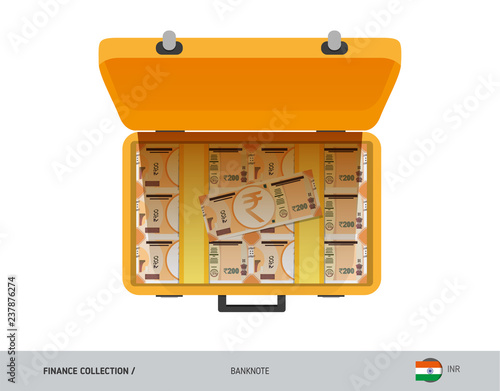 Yellow case with 200 Indian Rupee Banknotes. Flat style vector illustration. Salary payout or corruption concept.