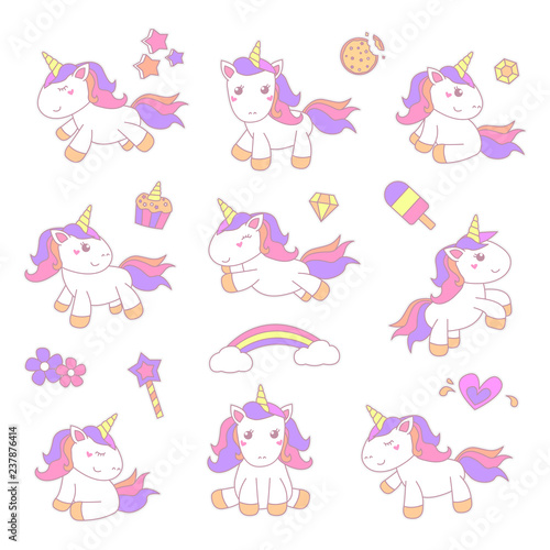 set of little unicorn sticker illustration with smooth color vector eps 10