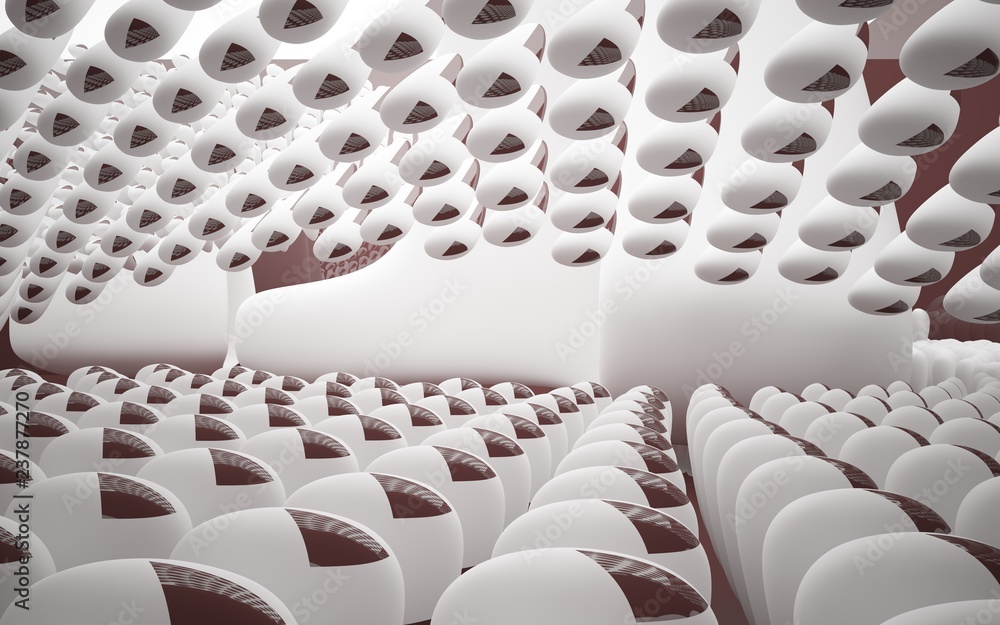 Fototapeta premium Abstract dynamic brown interior with white smooth objects . 3D illustration and rendering