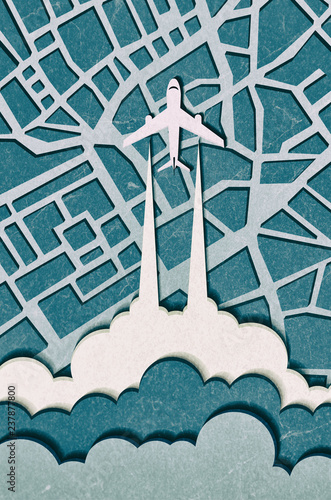 Airplane in the clouds flying over the city. Vibrant multicolored paper cut background. Abstract modern 3d origami paper art style