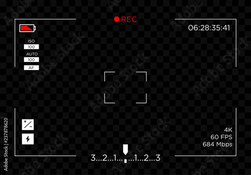 camera recording screen view template with transparent background and landscape format use for video and photograph application, vector eps 10