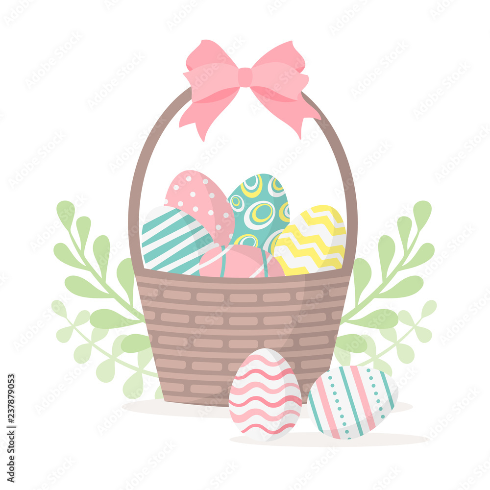 Happy easter. Basket with easter eggs isolated on a white background. Vector  illustration. Stock Vector | Adobe Stock