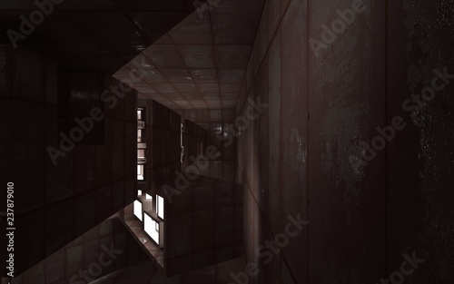 Empty abstract room interior of sheets rusted metal and concrete. Architectural background. 3D illustration and rendering
