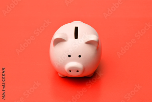 Pink piggy Bank stands in the center on a red background with a shadow. Horizontal photography