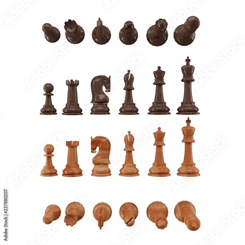 white and black wooden chess top and side angle isolated on white beackground 3d render illustration  photo