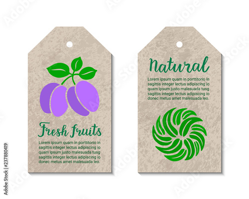 Vegetable tags with plum, salad leaves. Fresh fruits, Natural handdrawn lettering inscription. Vegetarian, weight loss concept. Healthy food eps 10 vector label templates