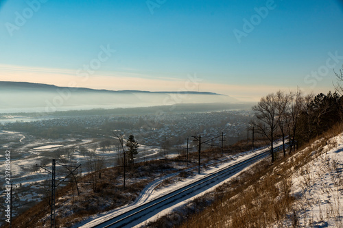 river, mountains, fog, valley, trees, sky, snow, railway