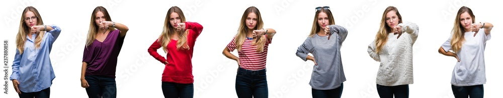 Collage of young beautiful blonde woman over isolated background looking unhappy and angry showing rejection and negative with thumbs down gesture. Bad expression. Collage of young beautiful blonde woman over isolated background looking unhappy and angry showing rejection and negative with thumbs down gesture. Bad expression.