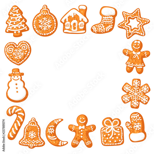 Christmas gingerbread cookies square frame. Hand drawn vector illustration isolated on white background. Hand drawn vector.