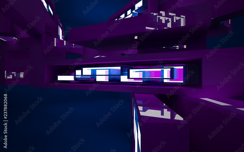Abstract interior of the future in a minimalist style with violet sculpture. Night view from the backligh. Architectural background. 3D illustration and rendering