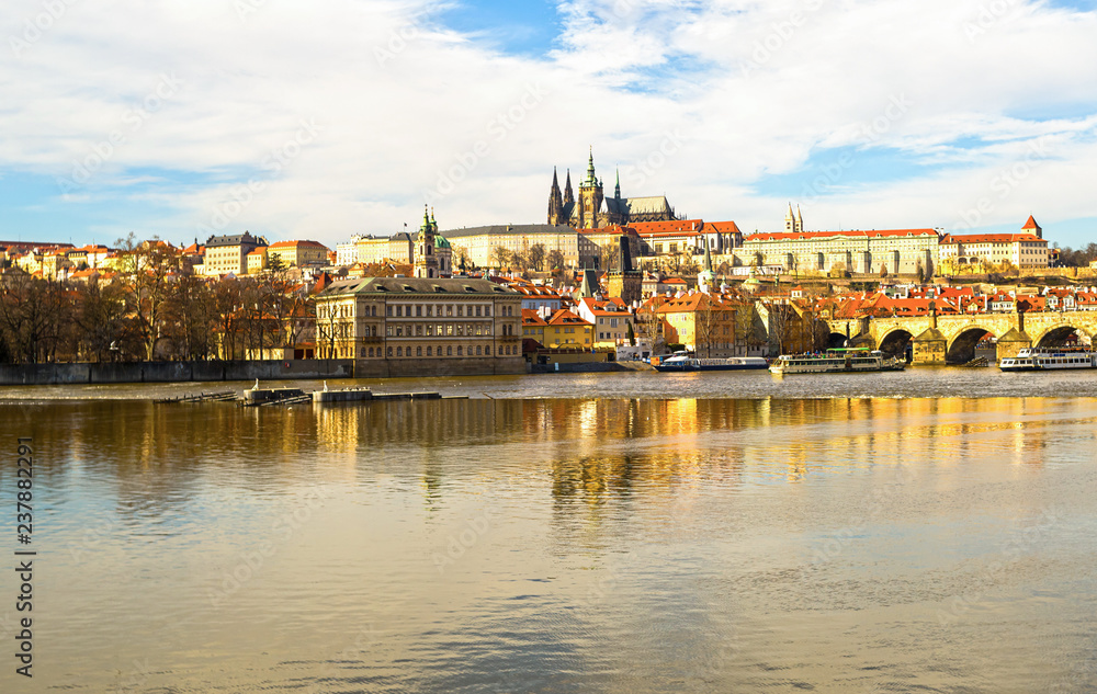panorama of Prague Castle residence of the president cathedral of the twentieth century attraction mala strana fortress shore vatslav. Czech Republic Prague March 2018