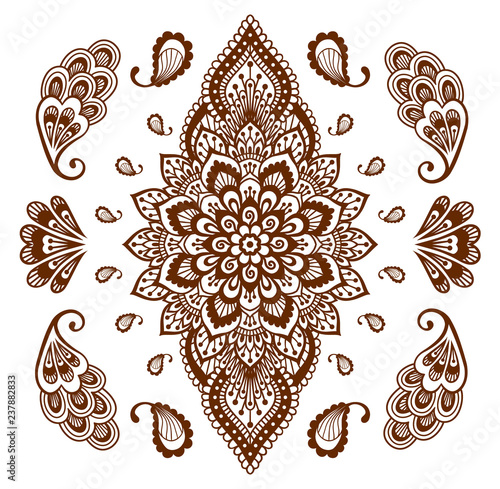 Mehendi ornament collection. Indian henna tattoo set. Oriental style hand-drawn decorative design templates. EPS 10 vector illustration isolated on white.