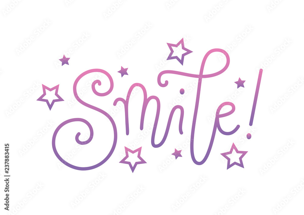 Modern handwritten calligraphy lettering of Smile in pink purple gradient with stars on white background for decoration, poster, banner, greeting card, postcard, advertising, motivation, slogan, motto
