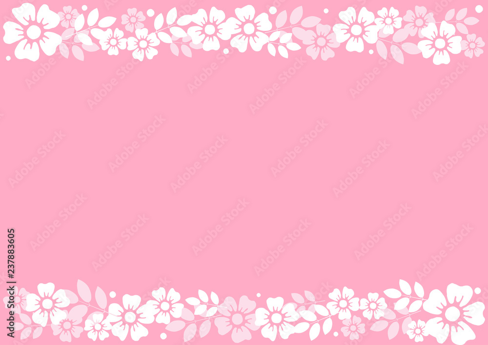 Pink background with decorative stripes align top and below of white flowers and leaves for decoration, scrapbooking paper, wedding, invitation, greeting card, text, certificate, mothers day, holiday