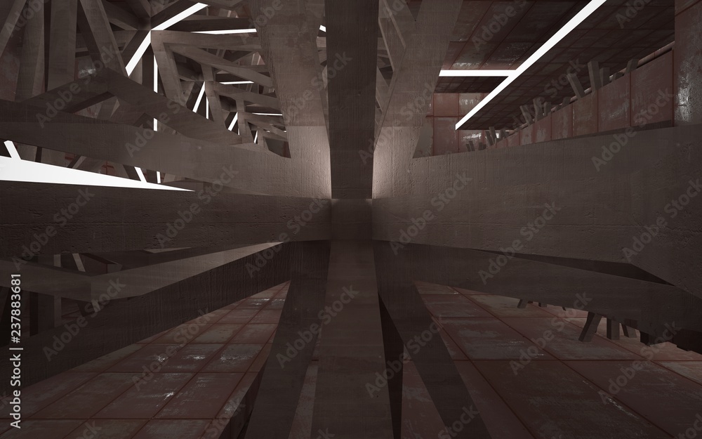 Empty abstract room interior of sheets rusted metal and brown concrete. Architectural background. Night view of the illuminated. 3D illustration and rendering Empty abstract room interior of sheets rusted metal and brown concrete. Architectural background. Night view of the illuminated. 3D illustration and rendering