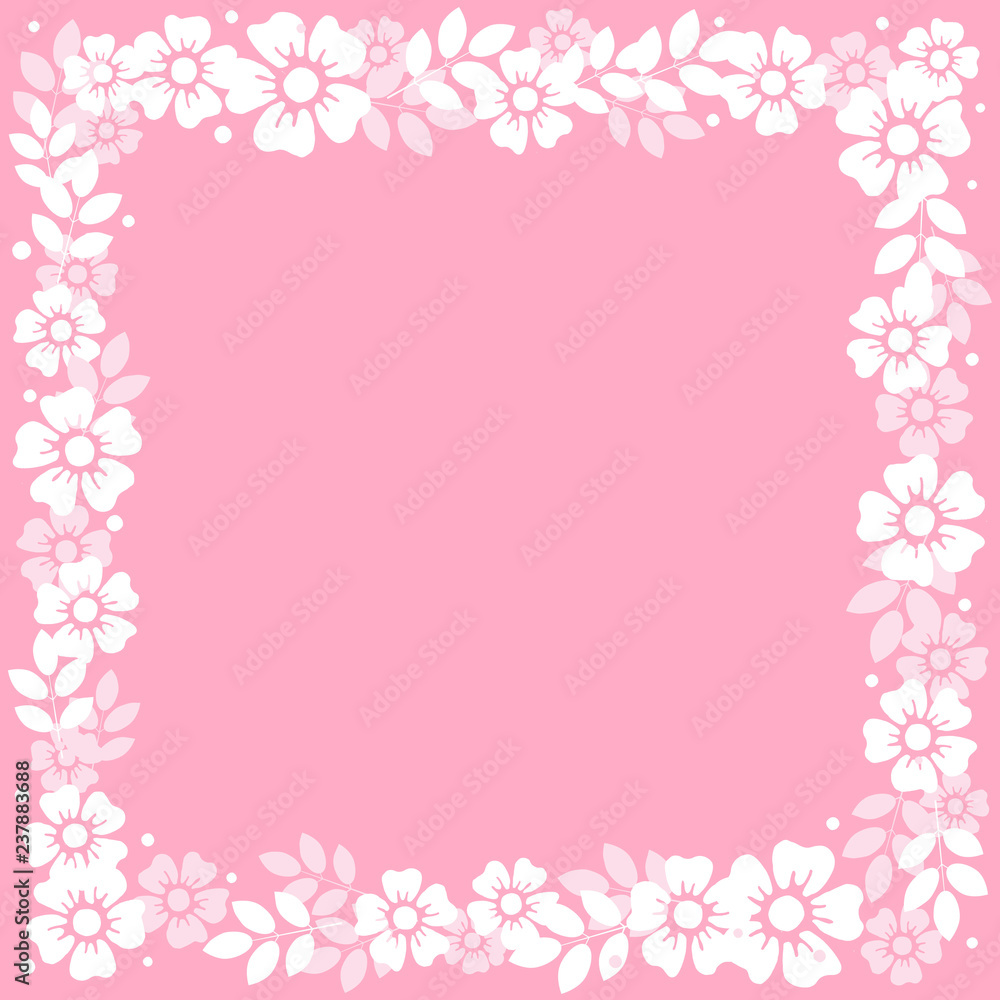 Pink background with frame of white flowers and leaves for decoration, invitation or wedding, poster, valentines day, valentine, lettering or text, advertising, flower shop, mothers day, womans day