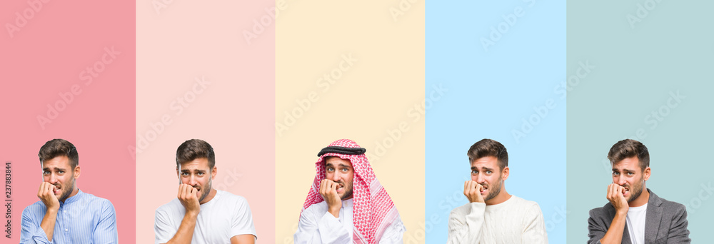 Obraz premium Collage of handsome young man over colorful stripes isolated background looking stressed and nervous with hands on mouth biting nails. Anxiety problem.