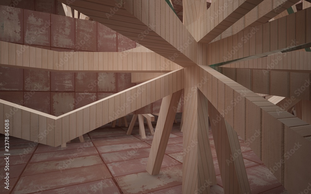 Obraz premium Empty abstract room interior of sheets rusted metal with wood and blue glass. Architectural background. 3D illustration and rendering