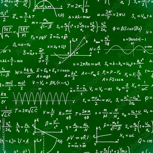 Basic math equations and formulas, white chalk lettering on school green chalkboard seamless pattern