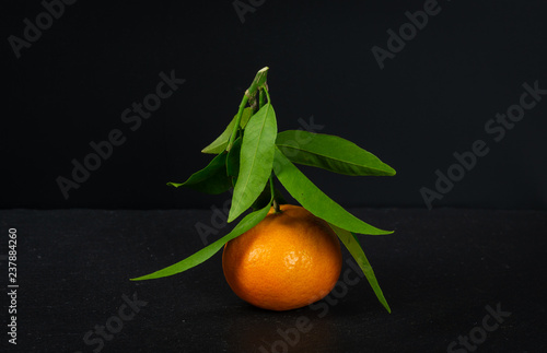 Mandarins with green leaves on black background