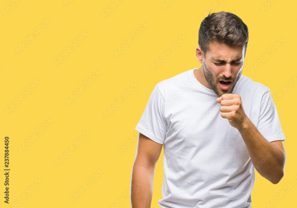 Young handsome man over isolated background feeling unwell and coughing as symptom for cold or bronchitis. Healthcare concept. Young handsome man over isolated background feeling unwell and coughing as symptom for cold or bronchitis. Healthcare concept.