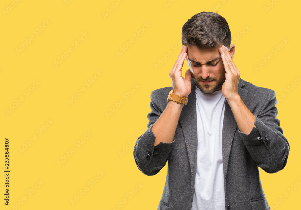Young handsome business man over isolated background with hand on head for pain in head because stress. Suffering migraine. Young handsome business man over isolated background with hand on head for pain in head because stress. Suffering migraine.