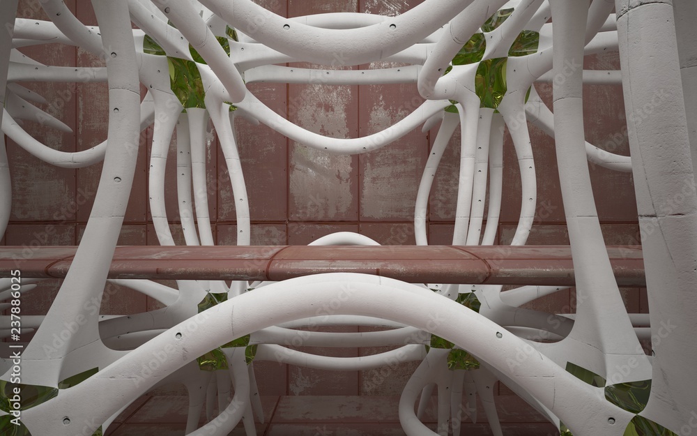 Empty smooth abstract room interior of sheets rusted metal and concrete. Architectural background. 3D illustration and rendering