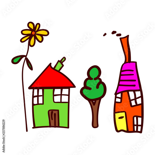 Childrens drawing with houses, tree and flower