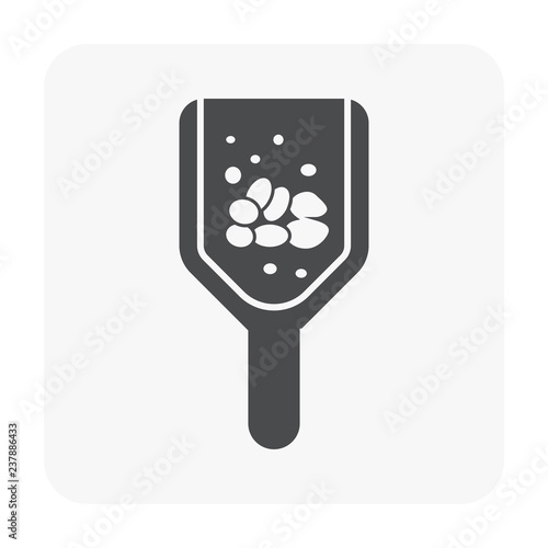 Scoop or shovel vector icon. May called transfer or cube scoop, scooper. Steel hand tool with handle for kitchen to dig, hold, transfer and serving food, ice. Also soil in agriculture at garden, farm.