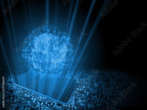 2D illustration concept of Mobile phone technology driven world. Globe created from binary with mesh network wireframe surrounding hologram popup from mobile phone with glowing circuit background