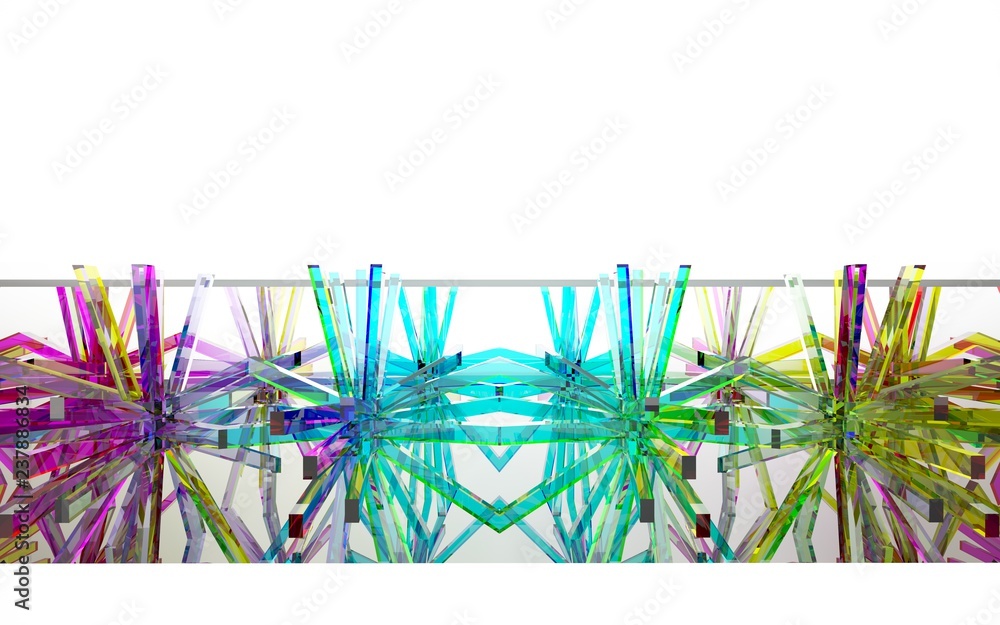 Fototapeta premium abstract architectural interior with gradient geometric glass sculpture with white lines. 3D illustration and rendering